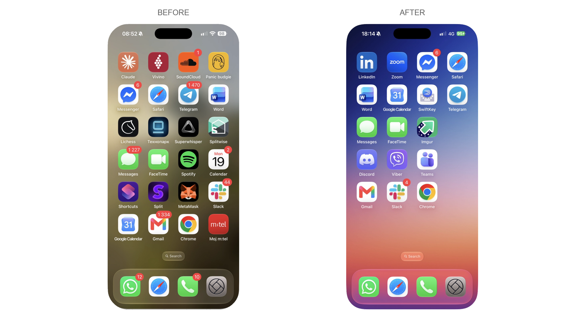 Before: a mixed page of apps in no colour order, with large red badge counts, over a brown wallpaper. After: communication apps with the blue icons first, on a blue to orange gradient wallpaper, and most badges switched off.