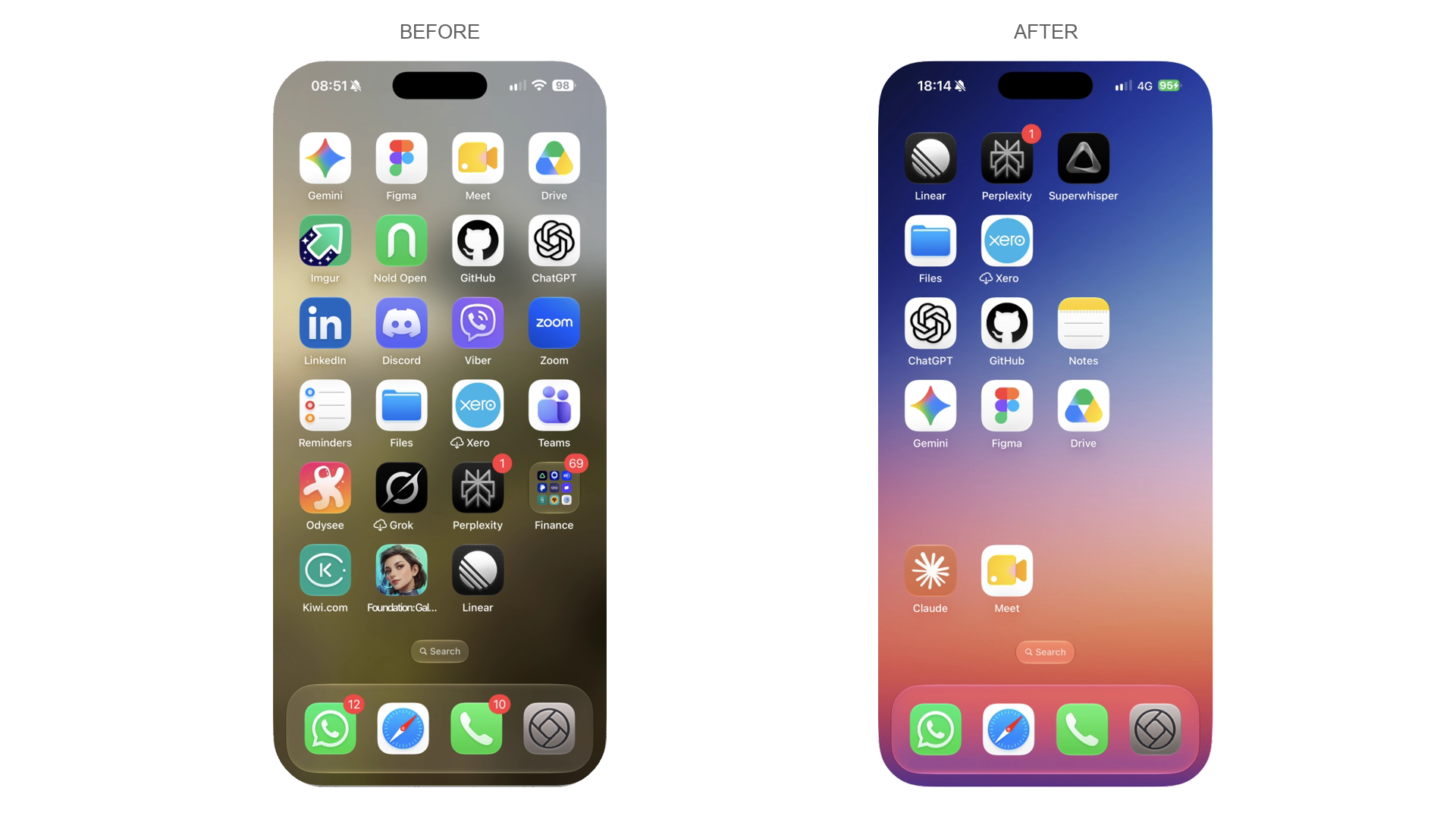 Before: a page of work and AI apps over a brown wallpaper, icons in no colour order. After: the same kind of apps on a blue and purple wallpaper, with the icons in rows and deliberate empty spaces.